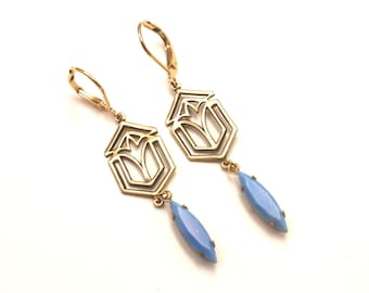 Vintage Art Deco Ohrringe im Türkis Blauen Strass Flapper Stil
