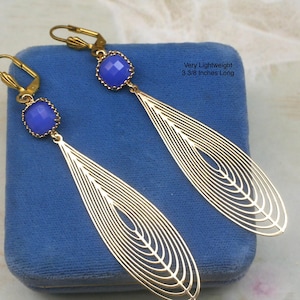 Long Blue Gold Dangle Earrings- Art Deco Earrings- Geometric Earrings- Statement Earrings- Flapper Earrings- Filigree Earrings-Gift For Her