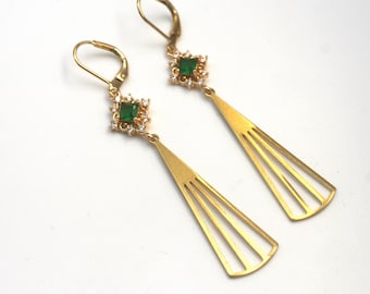 Emerald Green Crystal Art Deco Earrings: Brass Gatsby Style