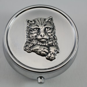 Silver Pill Box Case Container, Buster The Cat Pill Box, Travel Pill Box, Purse Accessory, Gift For Her Him