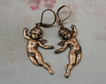 Vintage Inspired Brass Angel Earrings: Cherub Dangle Jewelry