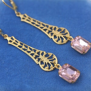 Art Deco Pink Rhinestone Earrings: Gold Filigree Flapper Style