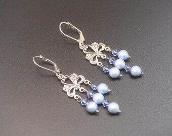 Iridescent Blue Pearl Chandelier Earrings: Silver Flower Crystal Victorian Style