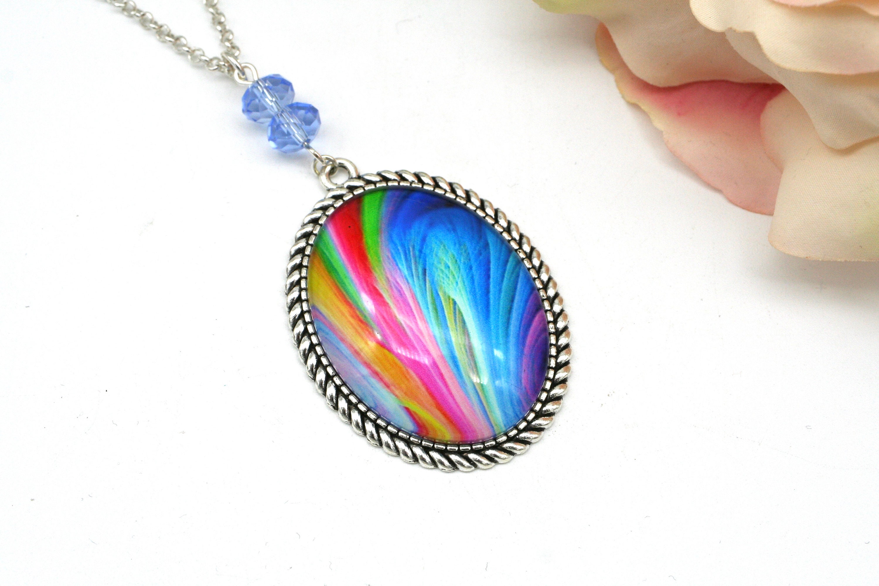 Rainbow Cameo Necklace, Cameo Jewelry, Rainbow Jewelry, Silver Necklace