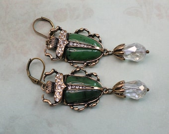 Green Scarab Earrings- Egyptian Earrings- Egyptian Revival- Crystal Earrings- Green Earrings- Long Drop Earrings- Bug Earrings
