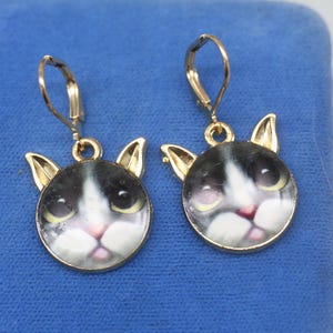 Black and White Cat Dangle Earrings: Gold-Plated Kitty Jewelry