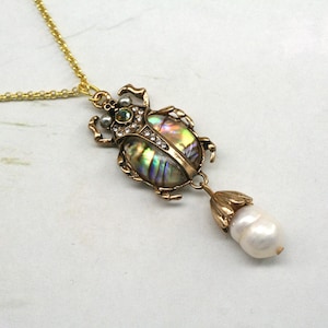 Abalone Scarab Necklace: Vintage Inspired Egyptian Revival Pearl Jewelry