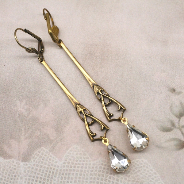 Art Deco Crystal Teardrop Earrings: Vintage 1920s Brass Drop