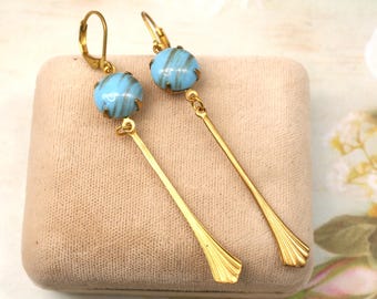 Vintage 1950s Türkis Glas Gold Fleck Ohrringe im Art Deco Stil