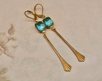 Aqua Blue Art Deco Earrings- Long Dangle Earrings- Flapper Earrings- Brass Earrings- Great Gatsby- Vintage Style- Aquamarine Earrings