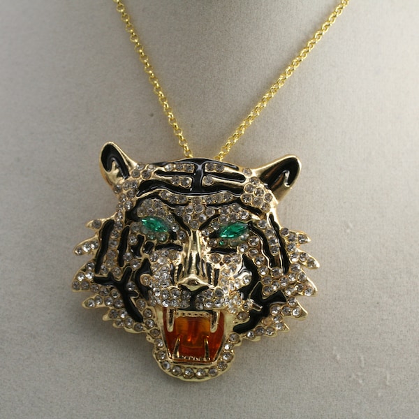 Large Tiger Necklace- Statement Necklace- Rhinestone Necklace- Animal Necklace- Ladies Necklace- Whimsical Jewelry- Roaring Tiger Necklace
