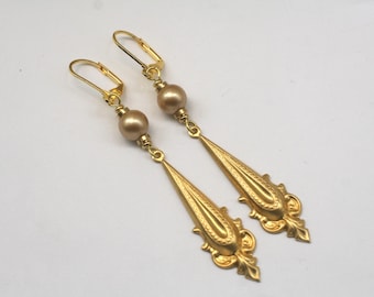 Gold Victorian Dangle Earrings: Almond Pearl, 1920s Flapper Style