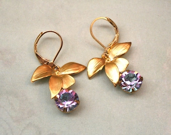 Violet Vitrail Gold Flower Earrings- Orchid Drop Earrings- Dainty Flower Earrings- Feminine Earrings- Great Gatsby- Vintage Style