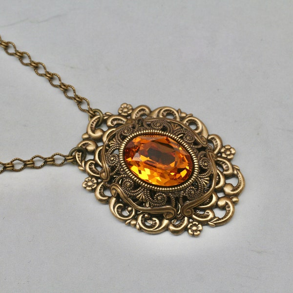 Art Deco Necklace- Art Deco Jewel- Brass Necklace- Topaz Necklace- Filigree Necklace- Vintage Style- Edwardian Necklace- 1920’s Necklace