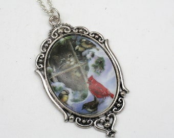 Cat Cameo Necklace, Cat Jewelry, Cardinal Necklace, Bird Necklace, Cameo Necklace, Gift For Her