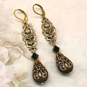 Black and Gold Baroque Earrings- Art Deco Earrings- Long Drop Earrings- Flapper Earrings- Great Gatsby- Vintage Style- Downtown Abbey