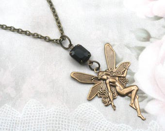 Brass Fairy Necklace: Antiqued Fantasy Nymph Pendant with Black Bail