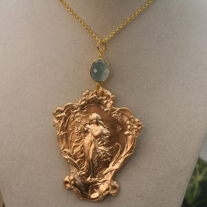 Art Nouveau Goddess Necklace: Brass Alphonse Mucha Pendant
