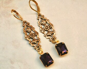 Purple Art Deco Earrings- Brass Earrings- Vintage Style- Flapper Earrings- Downtown Abbey- Great Gatsby- Regency Earrings-Long Drop Earrings