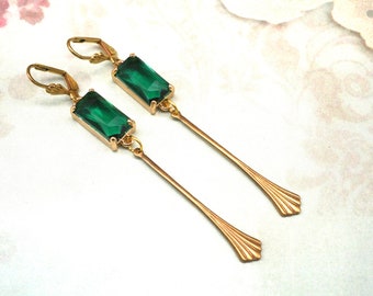 Art Deco Earrings- Emerald Green Earrings- Long Drop Earrings- Flapper Earrings- Downtown Abbey- Vintage Inspired 1920’s Earrings