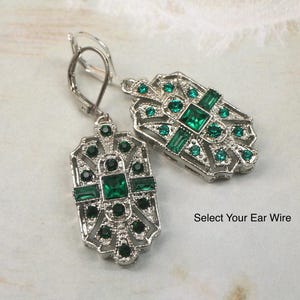 Emerald Green Art Deco Earrings- Vintage Inspired 1920’s Earrings- Great Gatsby- Downtown Abbey- Silver Earrings- Flapper Earrings