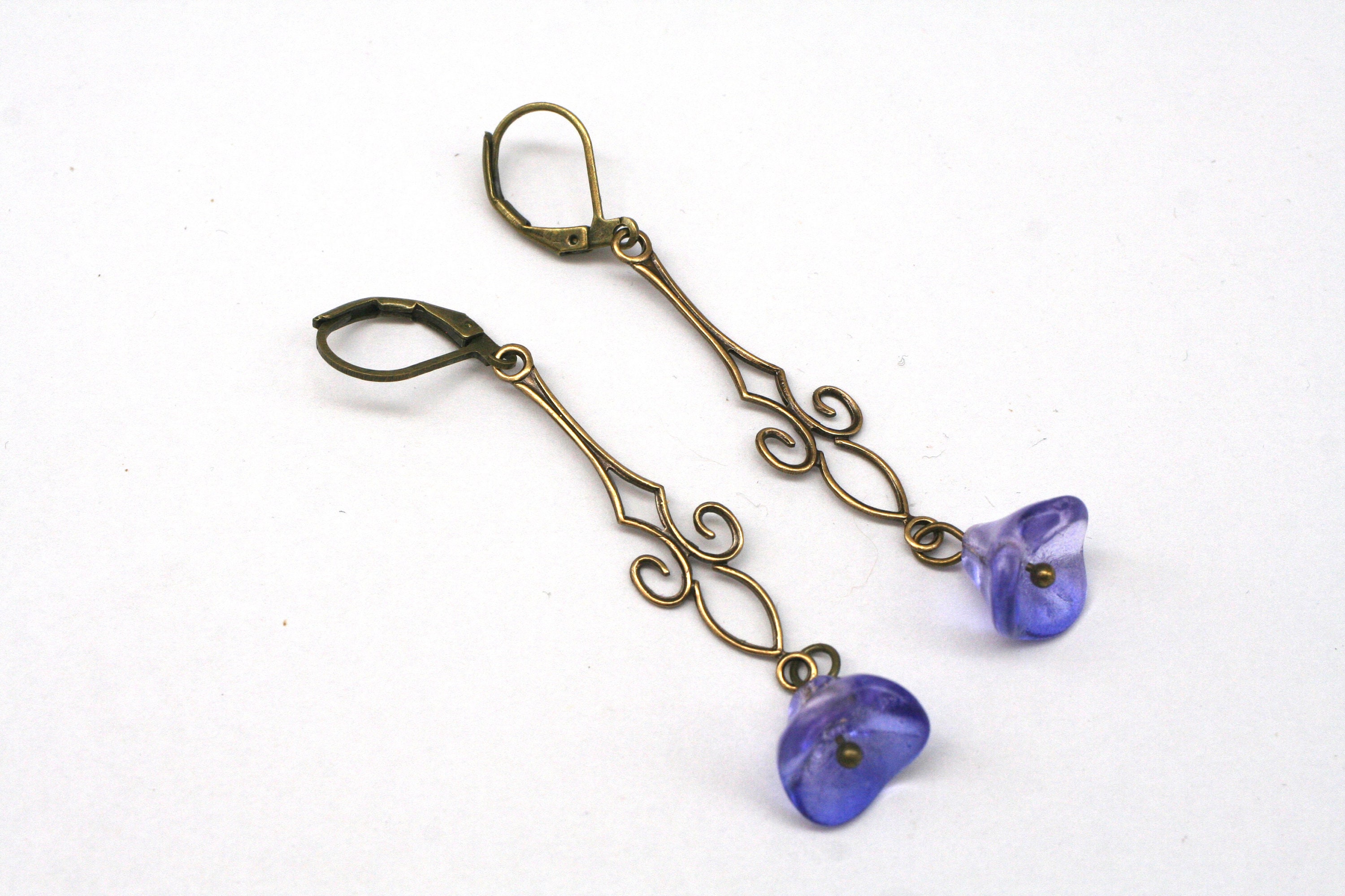 Lavender Purple Bell Flower Earrings- Art Deco Earrings- Flapper Earrings-  Bridesmaid Earrings- Brass Earrings
