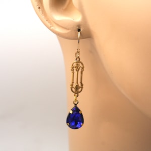 Sapphire Colbolt Navy Blue Earrings, Victorian Style Earrings, Blue Teardrop Rhinestone Earrings, Regency Earrings, Long Dangle Earrings