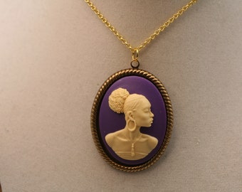 African American Cameo Necklace- Purple Necklace- Brass Necklace- Cream Necklace- African Jewelry- African Lady Necklace- Gift For Her