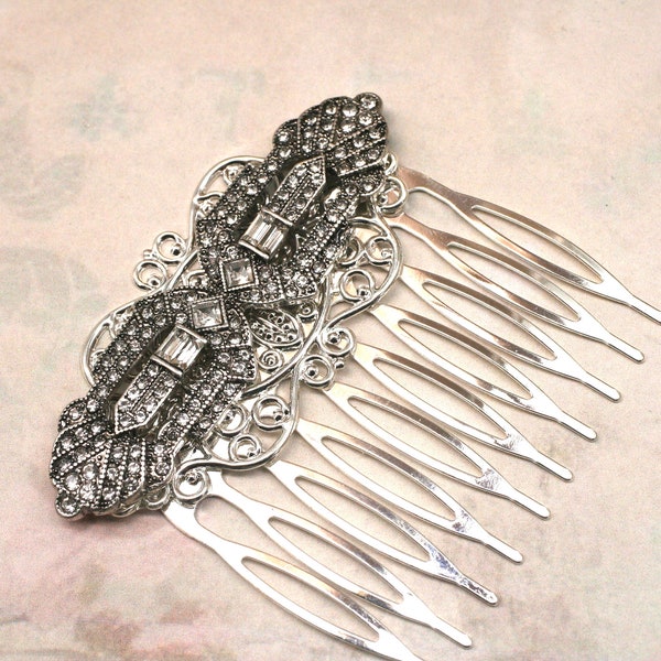 Art Deco Hair Comb- Vintage Inspired- Crystal Hair Comb- Silver Hair Comb- Filigree Hair Comb- Great Gatsby- Hair Accessories
