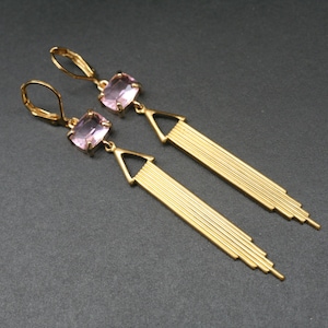 Pink Art Deco Drop Earrings: Brass Flapper Jewelry