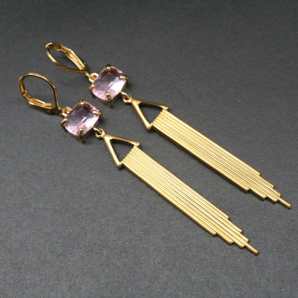 Pink Art Deco Earrings- Art Deco Jewelry- Long Drop Earrings- Vintage Inspired- Flapper Earrings- Great Gatsby- Pink Earrings