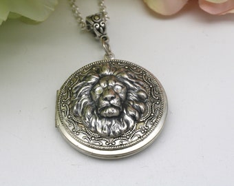 Vintage Lion Photo Locket Necklace: Silver Plated Crystal Eyes