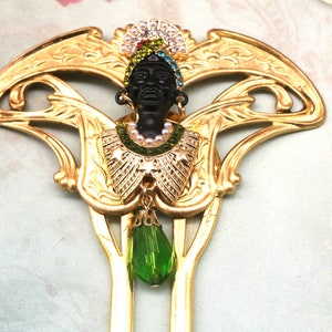 Brass Hair Stick Art Nouveau hair comb African Lady Hair Comb Crystal Hair Comb Green Hair Stick Egyptian Hair Comb Unique Hair Comb image 5