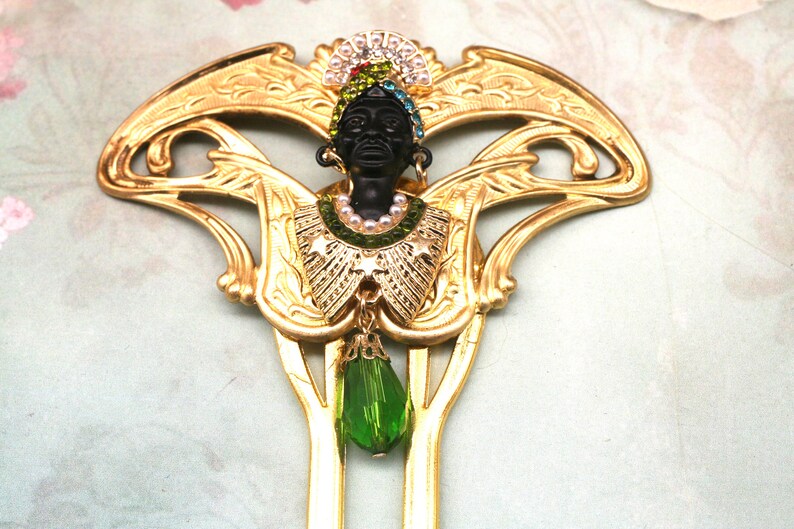 Brass Hair Stick Art Nouveau hair comb African Lady Hair Comb Crystal Hair Comb Green Hair Stick Egyptian Hair Comb Unique Hair Comb image 5