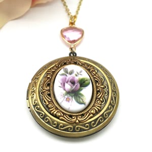 Locket Necklace, Pink Rose Locket Necklace, Round Photo Locket, Victorian Locket, Victorian Jewelry, Gift For Her