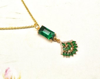 Emerald Green Art Deco Necklace- Vintage Inspired 1920’s Necklace- Fan NVecklace- Zircon Necklace- Great Gatsby- Bridesmaid Necklace