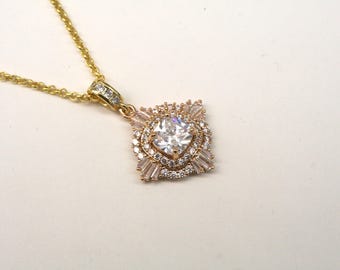 Art Deco CZ Necklace: 1920s Vintage Style Gold Bridal Jewelry