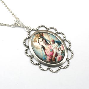 Madonna & Child Cameo Necklace: Silver Plated Religious Pendant