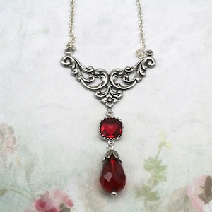 Silver Art Nouveau Necklace- Dark Academia Necklace- Vintage Inspired 1920’s Necklace- Red Glass Teardrop Necklace- Ren Faire- Great Gatsby