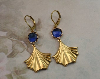 Art Deco Earrings- Sapphire Blue Earrings- Fan Earrings- Vintage Inspired - Downtown Abbey- Great Gatsby- Blue Drop Earrings