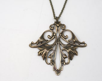 Art Nouveau Brass Leaf Necklace - Vintage Inspired Statement Jewelry