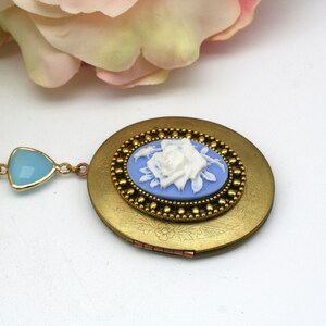 Vintage Brass Cameo Locket: White Rose, Blue Glass Bail