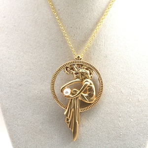 Alphonse Mucha Necklace: Gold Goddess, Faux Pearl, Art Nouveau