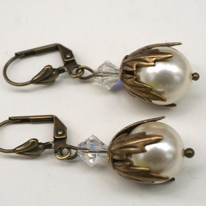Swarovski Perle baumeln Ohrringe: Messing Brisur, Braut viktorianischer Stil