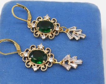 Emerald Green Art Deco Earrings: Crystal Cubic Zirconia Drop
