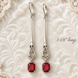 Long Red Crystal Earrings, Silver Art Nouveau Dangles, Rectangular Gemstone Style Drops, Hypoallergenic