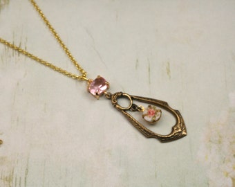 Art Deco Necklace- Pink Necklace- Pink Rose Necklace- Brass Necklace- Vintage Style- Victorian Necklace- Ladies Necklace