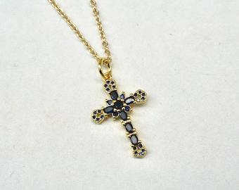 Sapphire Blue Cross- Religious Necklace- Religious Jewelry- Catholic Necklace- Catholic Jewelry- Dainty Cross Necklace- CZ Cross