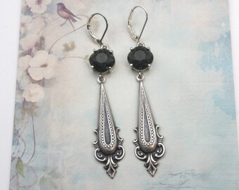 Art Deco Flapper Earrings - Silver Plated, Black Glass Stone