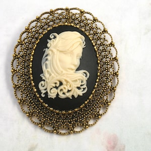 Antiqued Gold Cameo Brooch- Cameo Jewelry- Goth Girl Pin- Gothic Jewelry- Brooch-Pin- Necklace- Cream And Black Cameo-Gift For Her-Handmade